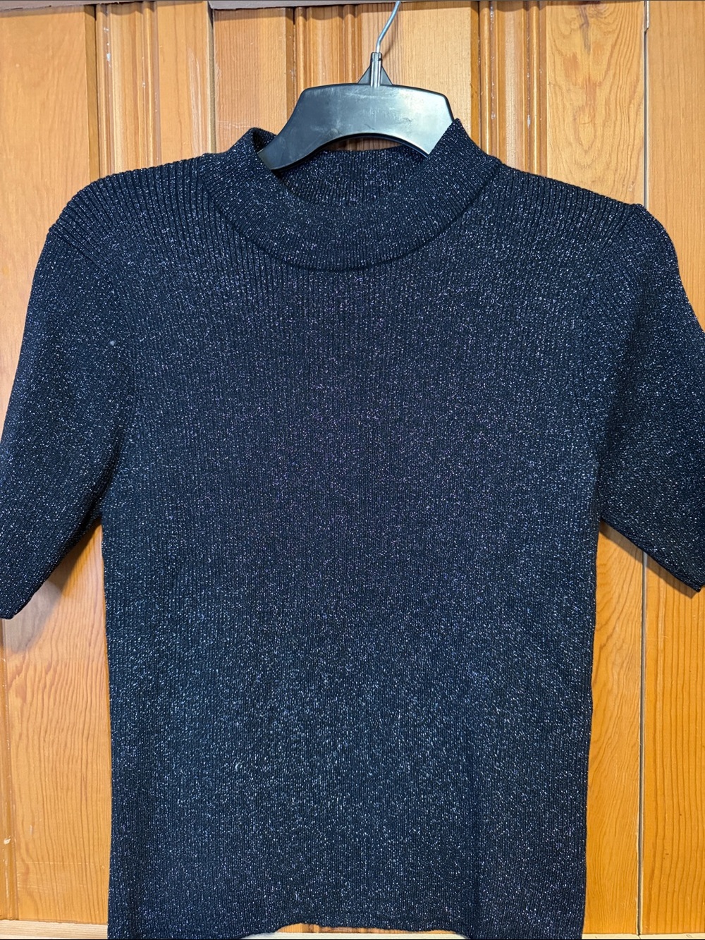 Staccato Black Sparkle Short Sleeve Mock Neck Top